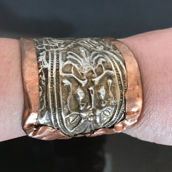 Antique Victorian Sterling Silver Green Man Copper Cuff 925 Bracelet Art nouveau - Picture 3 of 8